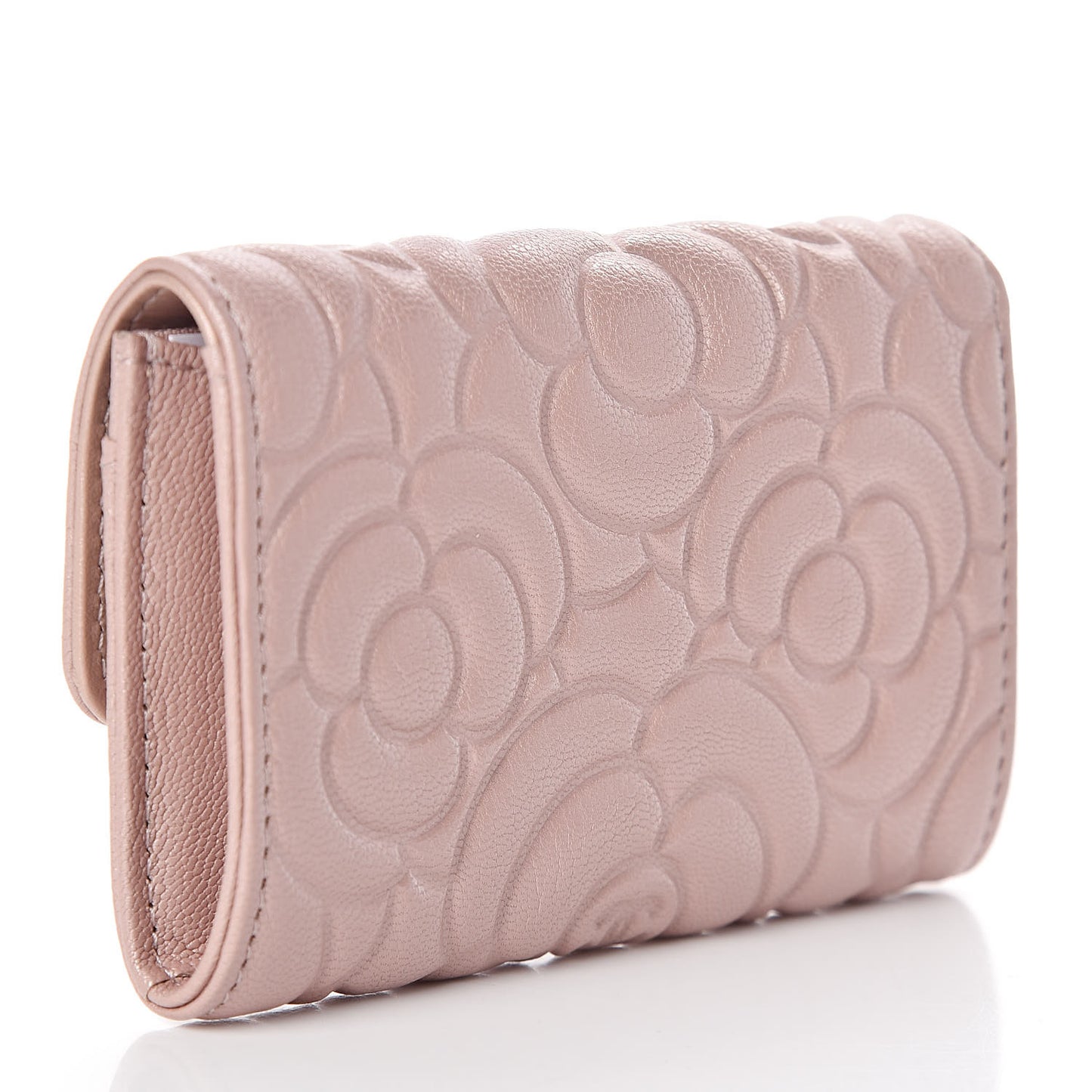 Goatskin Camellia Embossed Flap Card Holder Light Pink