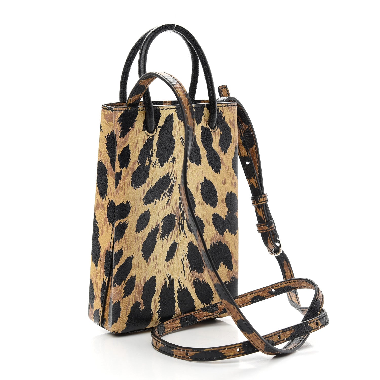 Balenciaga Smooth Calfskin Leopard Print Logo Shopping Phone Holder Bag Beige Black 3 of 8