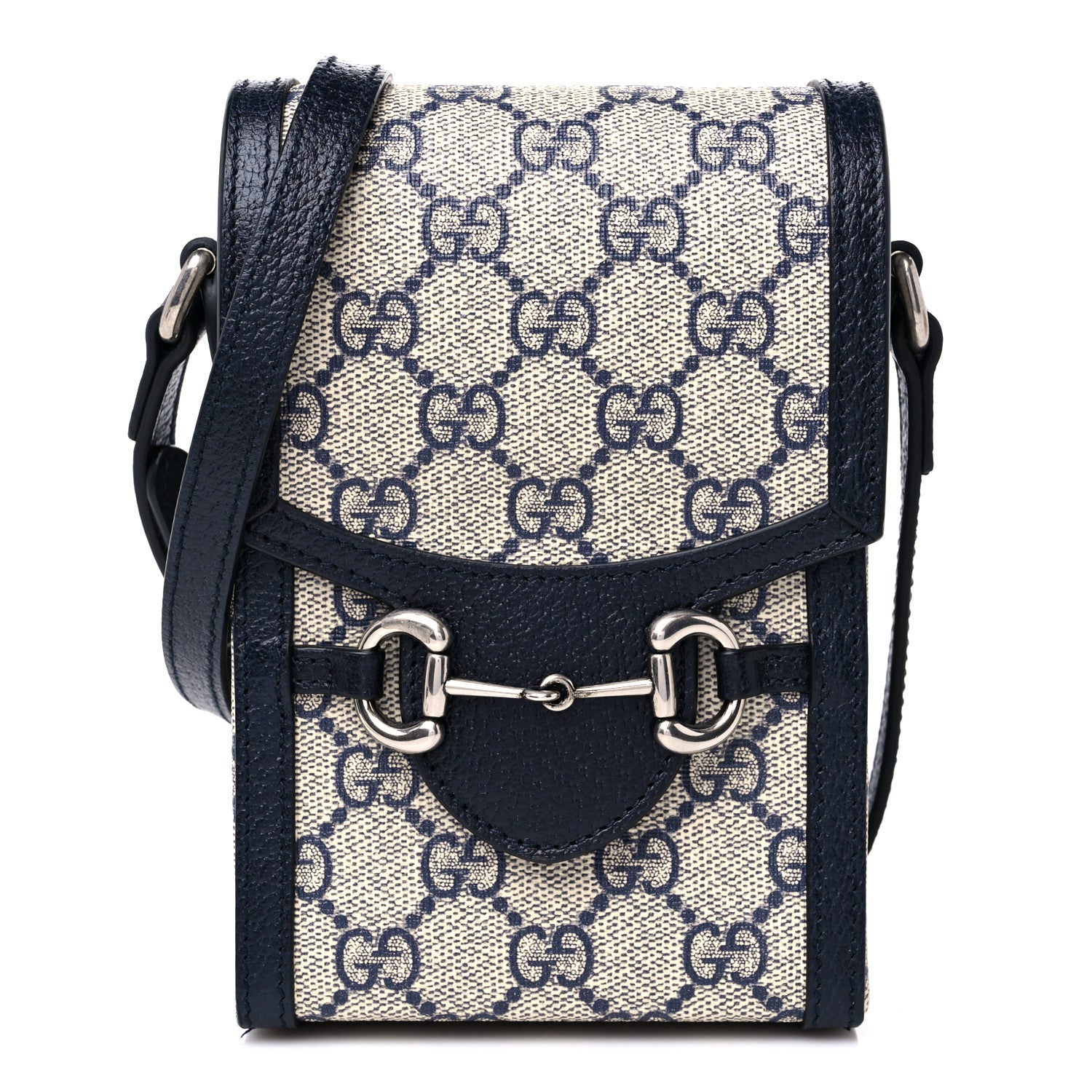 Gucci GG Supreme Monogram Textured Dollar Calfskin Mini Horsebit 1955 Crossbody Bag Beige Blue 1 of 9