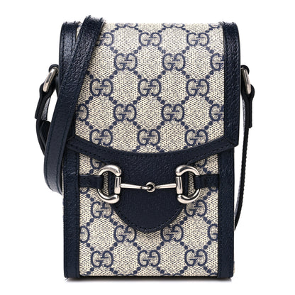 Gucci GG Supreme Monogram Textured Dollar Calfskin Mini Horsebit 1955 Crossbody Bag Beige Blue 1 of 9