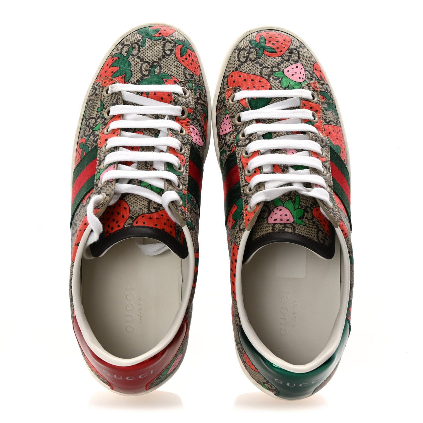 GG Supreme Monogram Strawberry Web Womens Ace Sneakers 37 Beige Multicolor Red Green