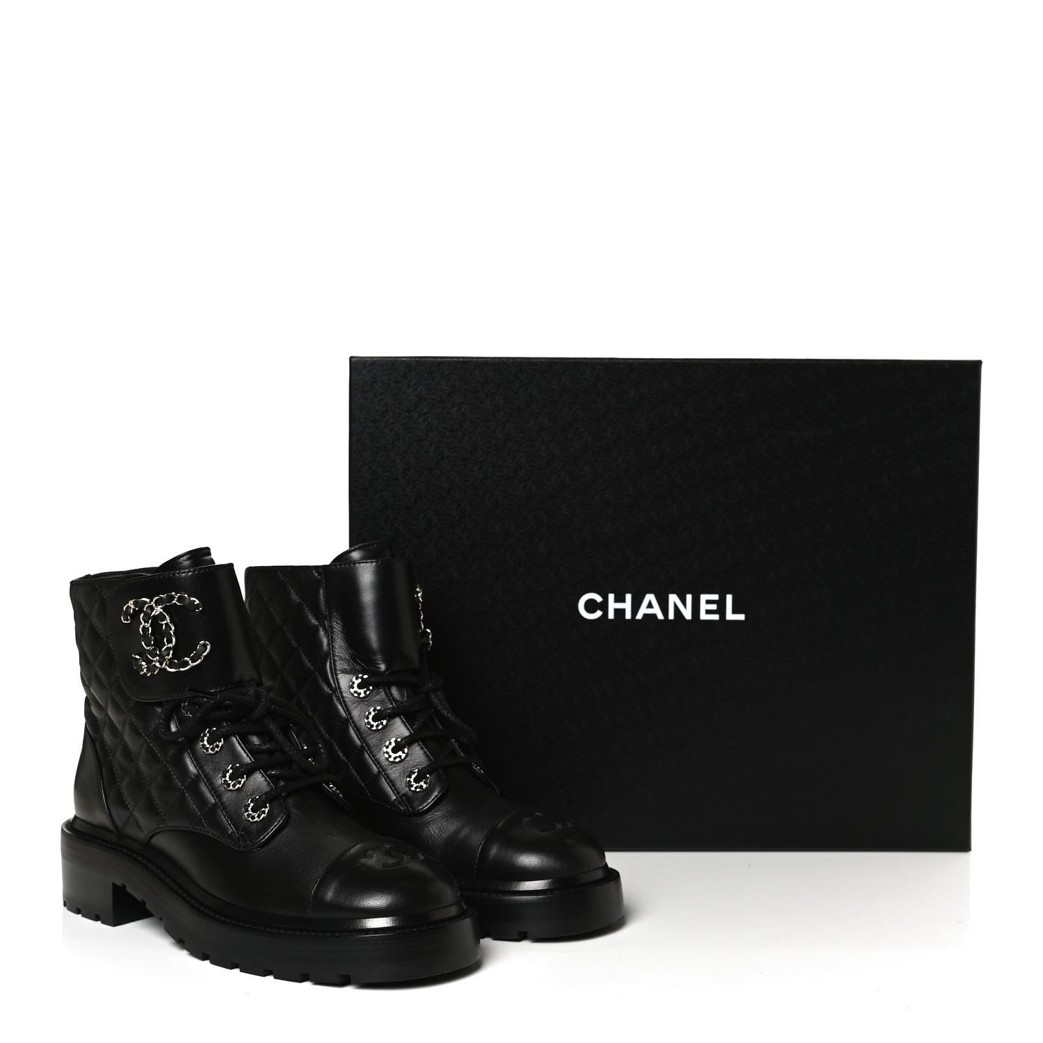 Chanel Shiny Lambskin Quilted Lace Up Combat Boots 37 Black 12 of 12