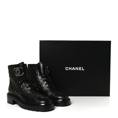 Chanel Shiny Lambskin Quilted Lace Up Combat Boots 37 Black 12 of 12