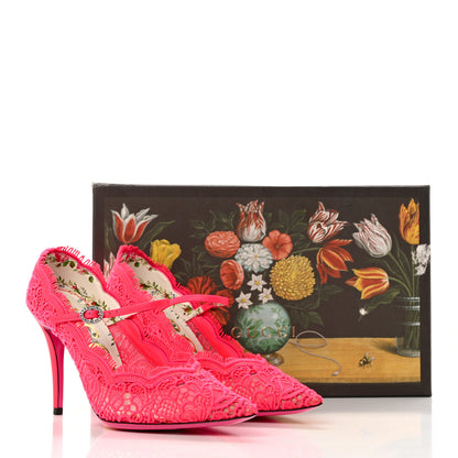 Gucci Corded Lace Crystal Virginia 95 Mary Jane Pumps 37.5 Fuxia 8 of 8