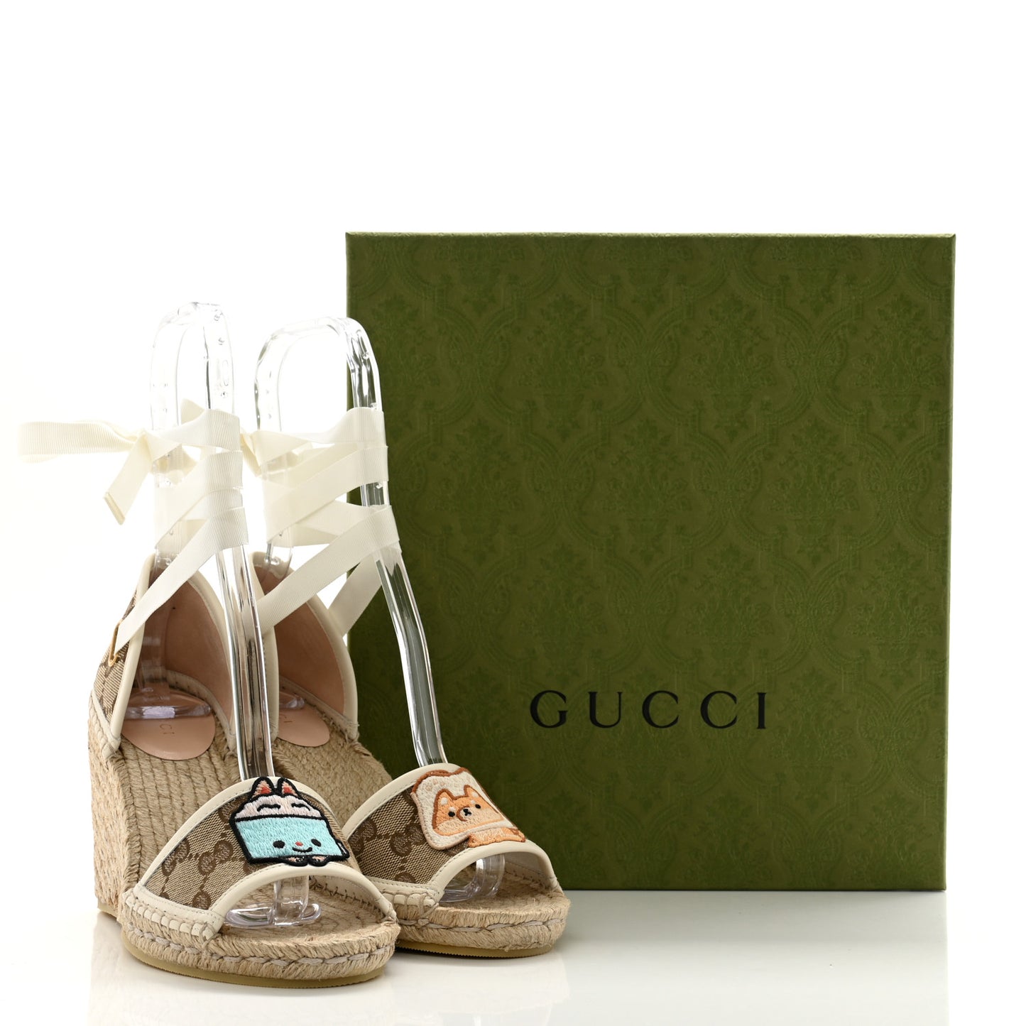 Monogram Patches Ankle Wrap Platform 35/120mm Espadrille Wedges 37 Beige White