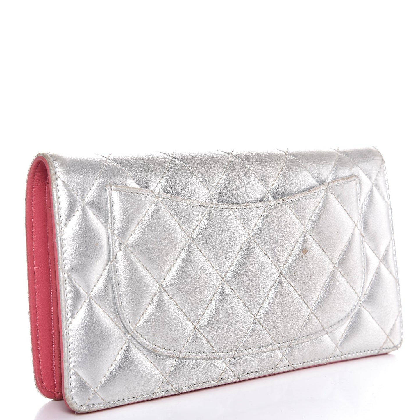 Metallic Lambskin Quilted Yen Wallet Silver Pink
