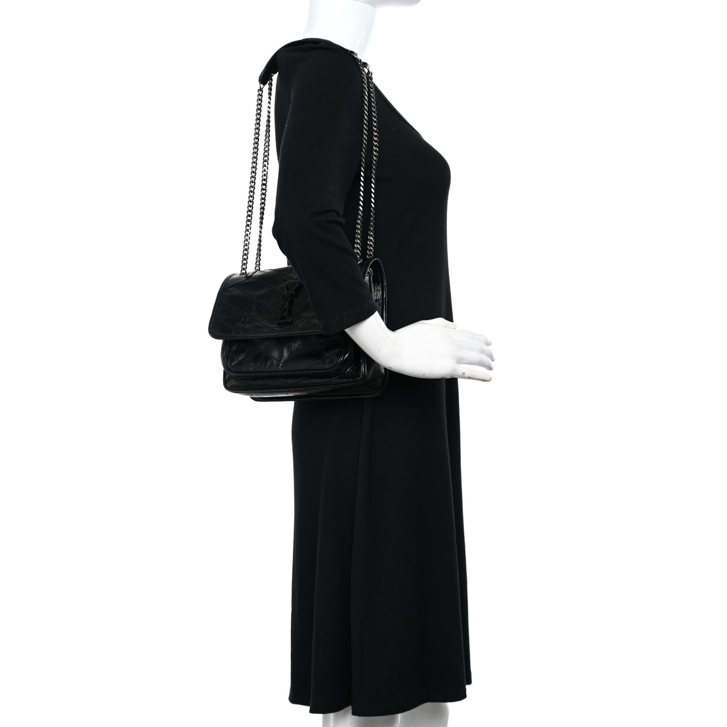 Crinkled Lambskin Matelasse Monogram Baby Niki Chain Satchel Black