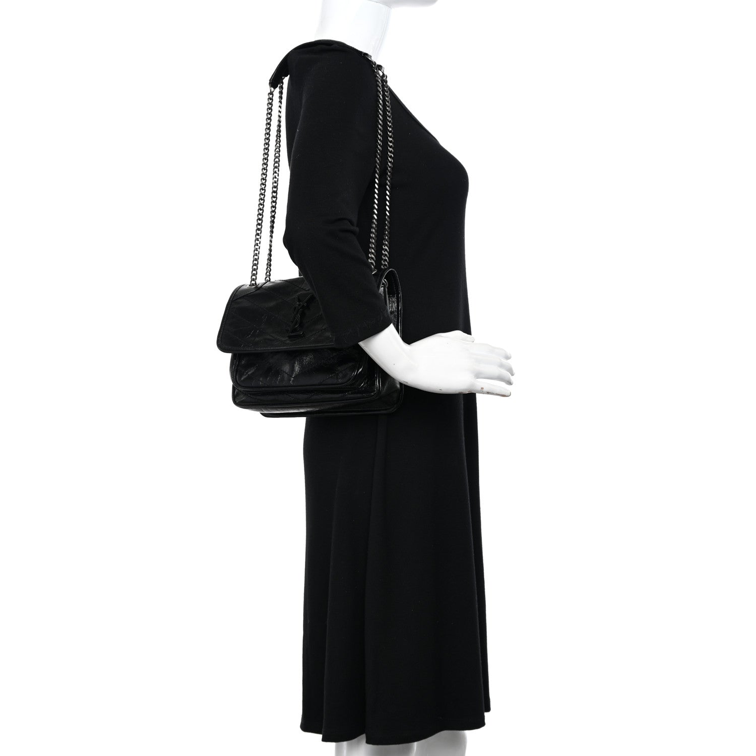 Saint Laurent Crinkled Lambskin Matelasse Monogram Baby Niki Chain Satchel Black 2 of 11