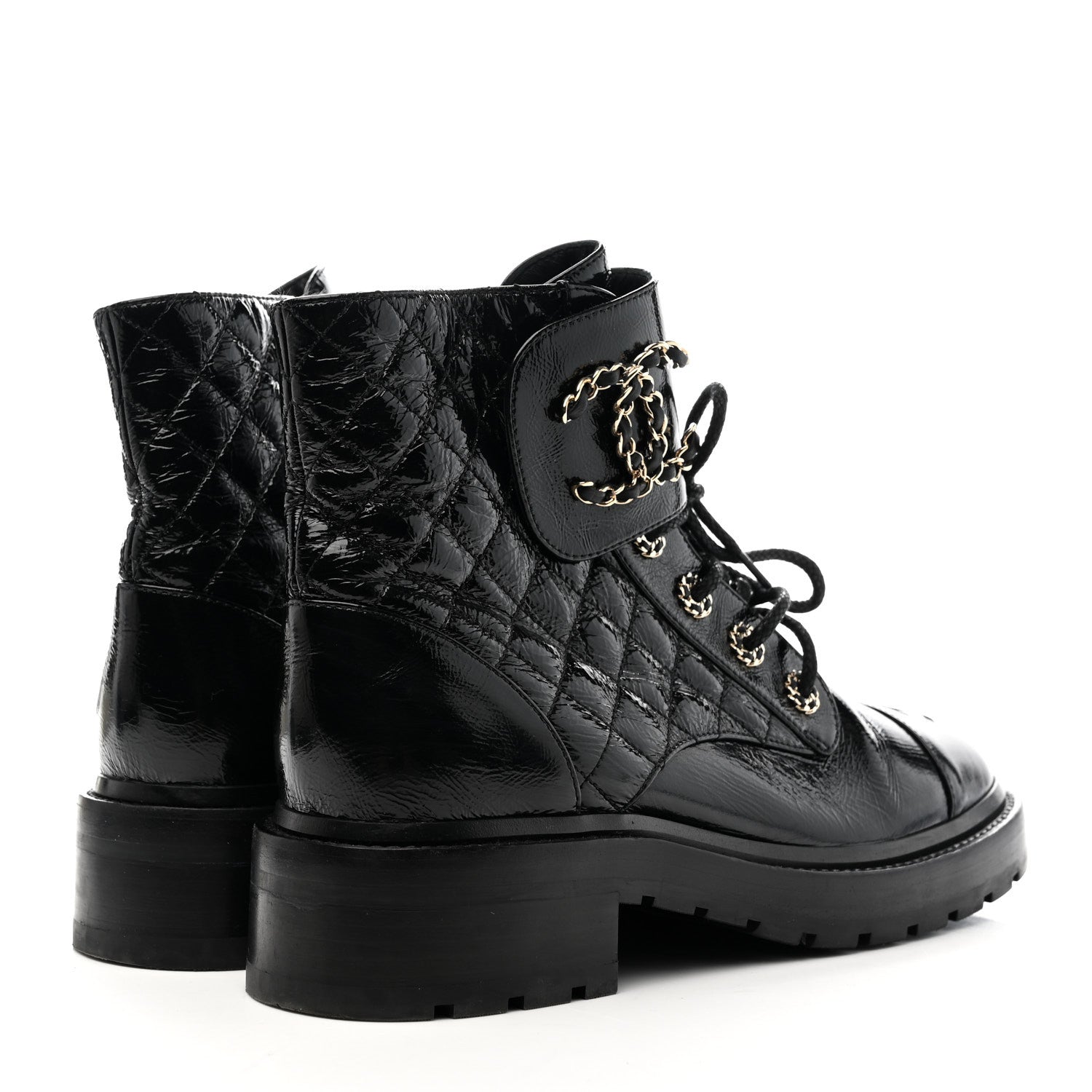 Chanel Shiny Lambskin Quilted Lace Up Combat Boots 38.5 Black 4 of 10