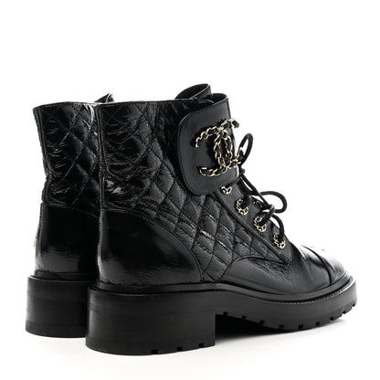 Chanel Shiny Lambskin Quilted Lace Up Combat Boots 38.5 Black 4 of 10