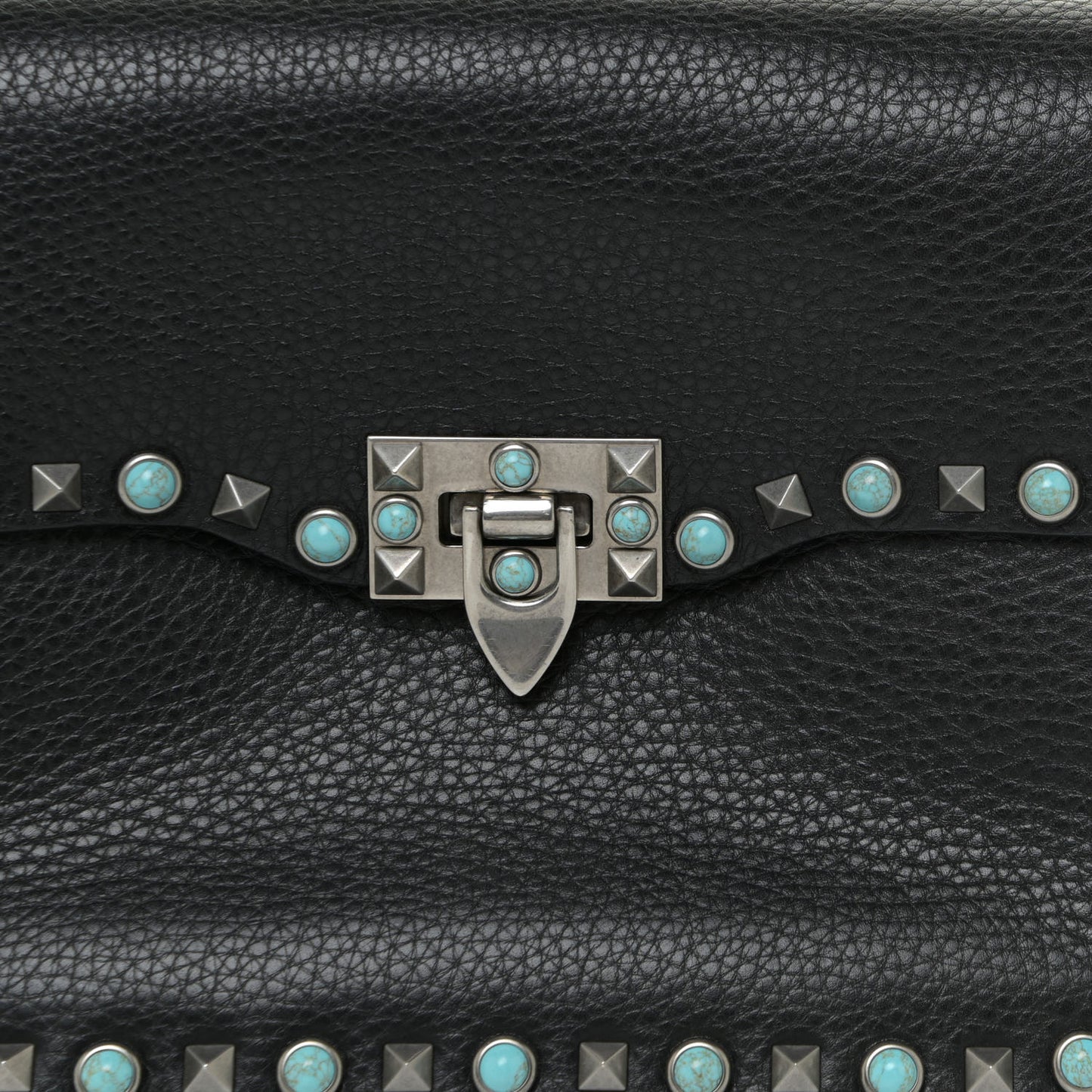 Pebbled Calfskin Turquoise Medium Guitar Strap Rockstud Rolling Flap Saddle Bag Black