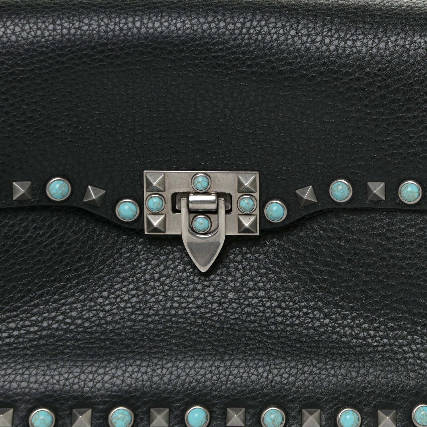 Valentino Garavani Pebbled Calfskin Turquoise Medium Guitar Strap Rockstud Rolling Flap Saddle Bag Black 7 of 11