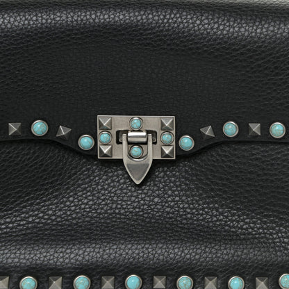 Valentino Garavani Pebbled Calfskin Turquoise Medium Guitar Strap Rockstud Rolling Flap Saddle Bag Black 7 of 11