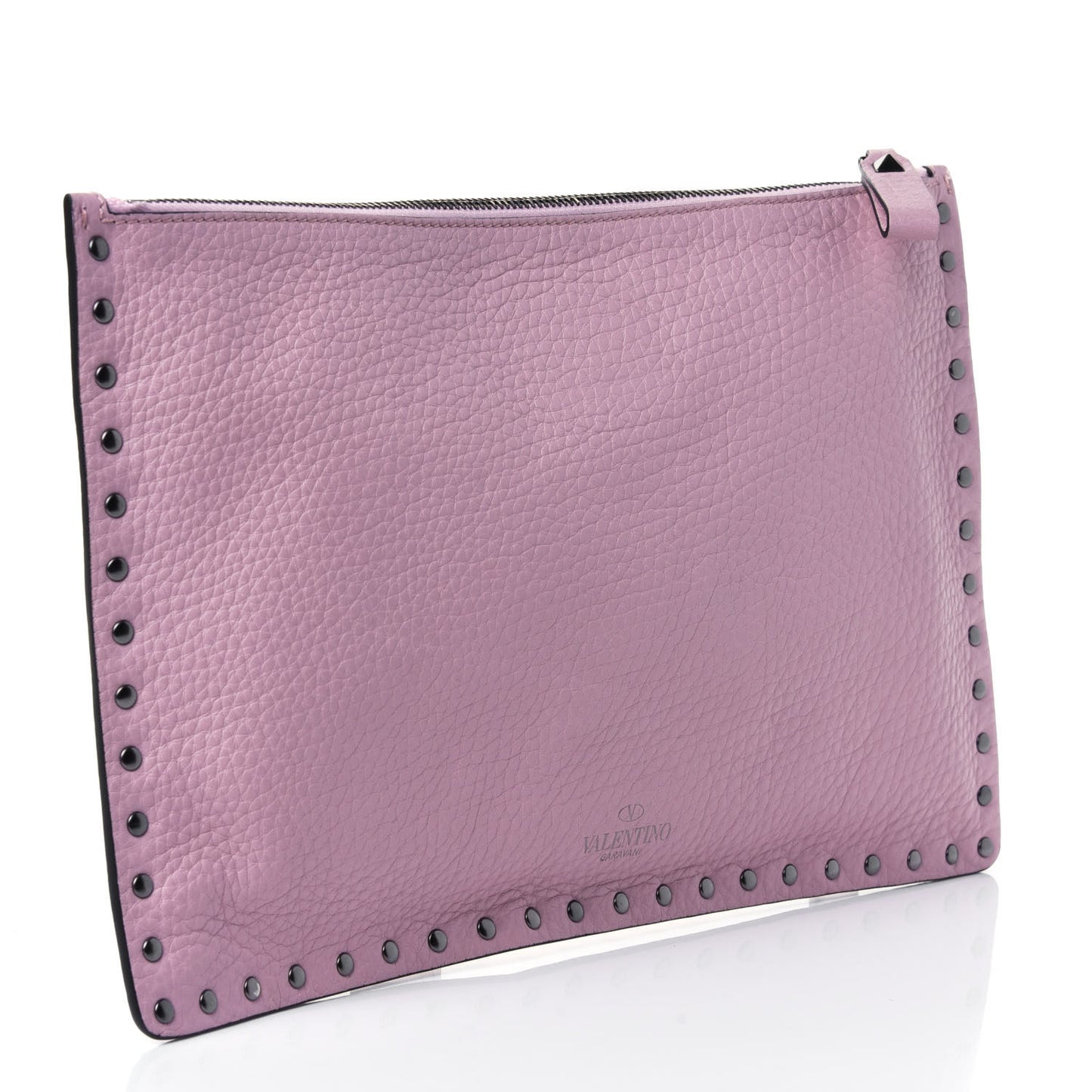 Pebbled Calfskin Large Rockstud Zip Pouch Water Rose