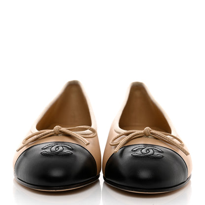 Chanel Lambskin Cap Toe CC Ballerina Flats 38 Beige Black 2 of 9