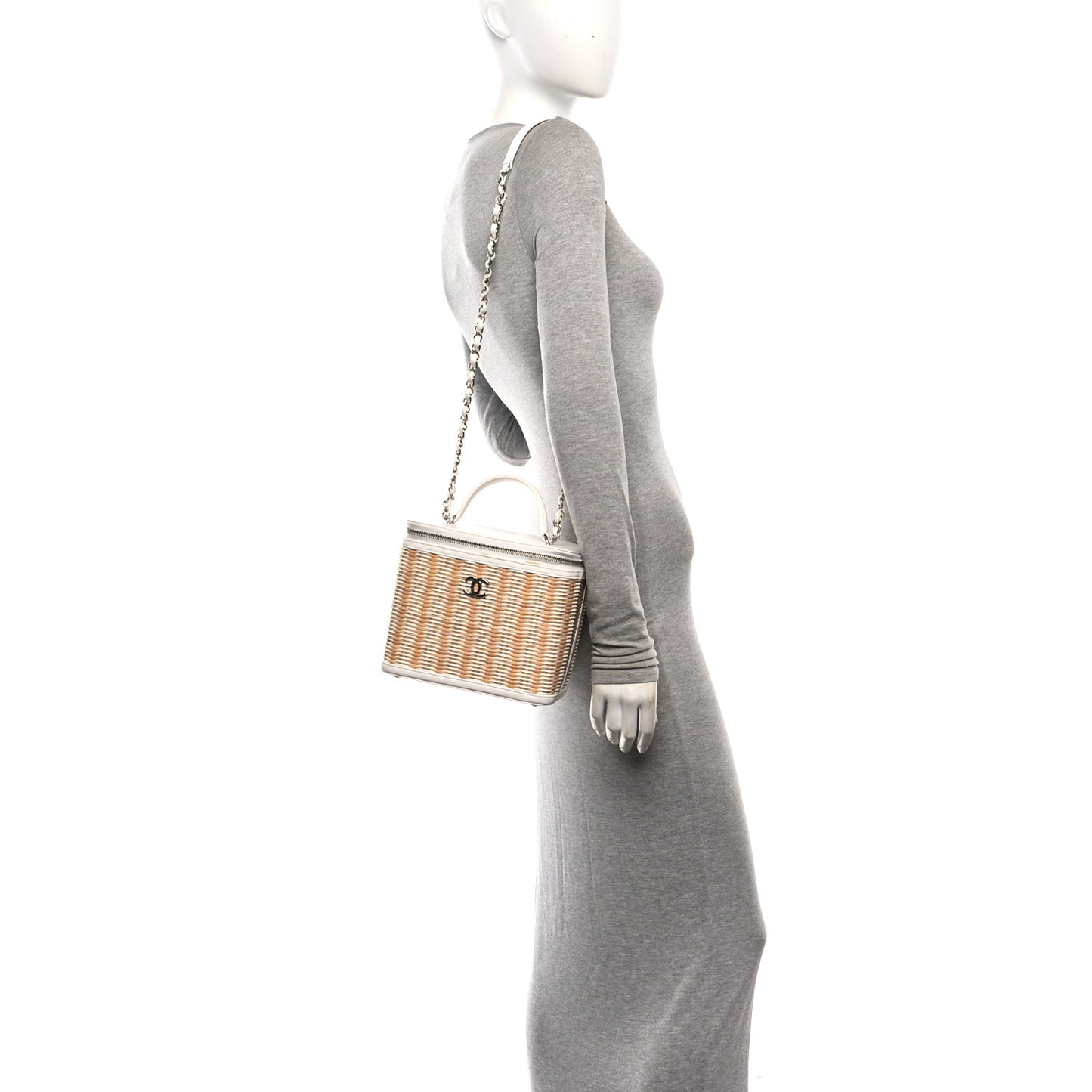 Glazed Calfskin Raffia Vanity Case Bag White Beige