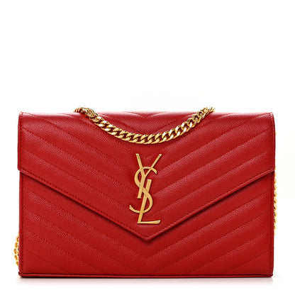 Saint Laurent Grain De Poudre Matelasse Chevron Monogram Chain Wallet New Red 1 of 8