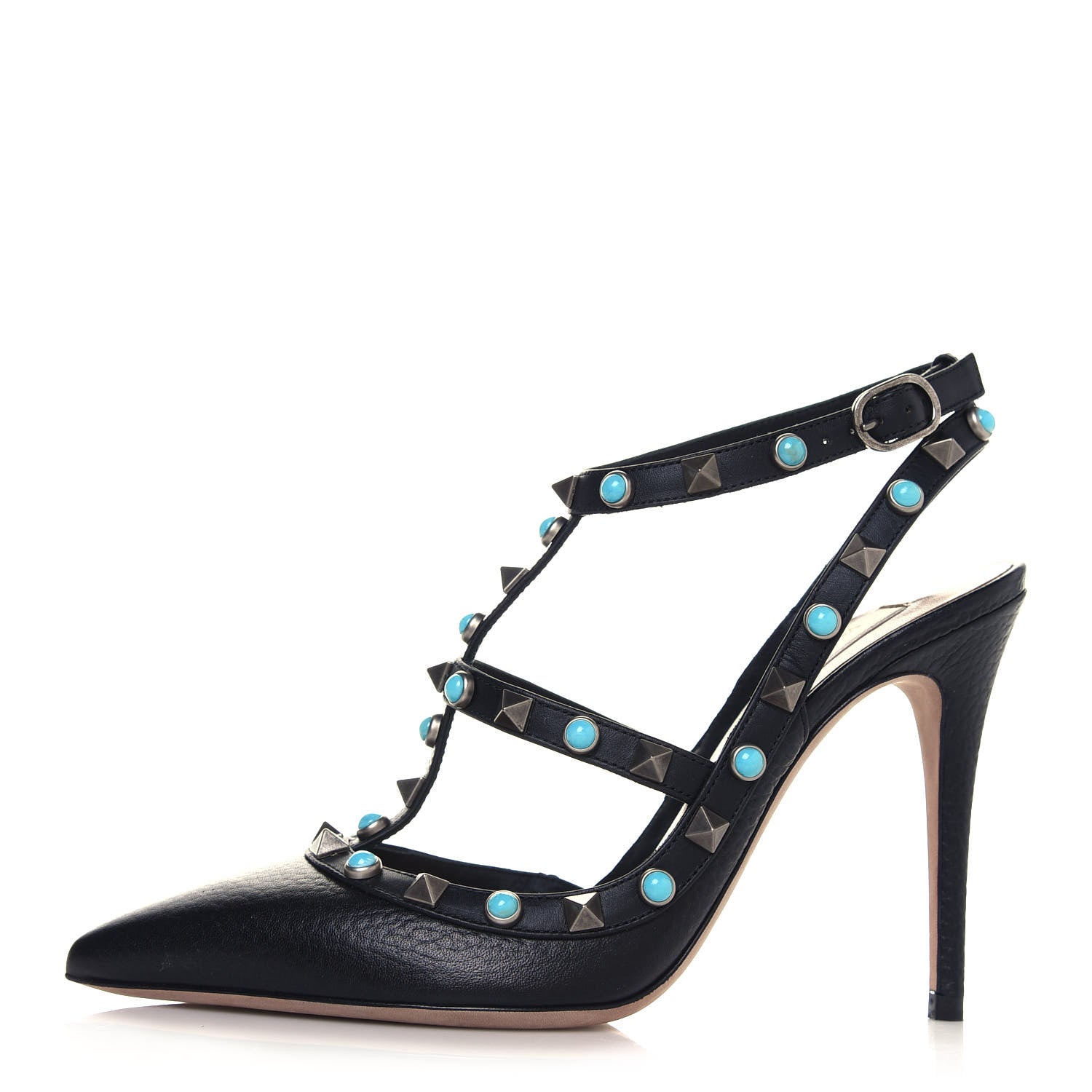 Valentino Garavani Pebbled Calfskin Turquoise Rockstud Rolling Ankle Strap 100mm Pumps 36 Black 1 of 8