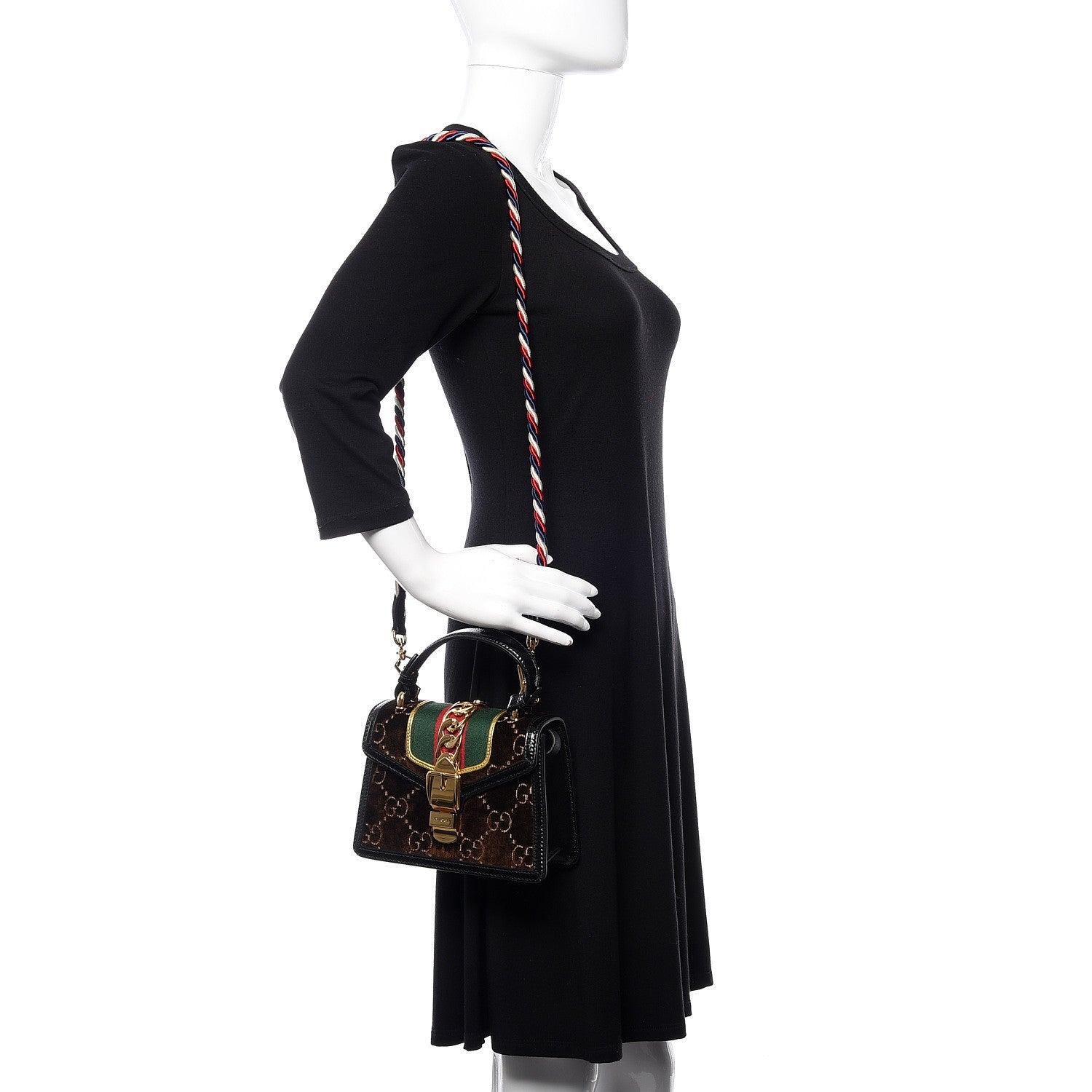 Gucci Velvet GG Monogram Web Mini Sylvie Top Handle Bag Brown Black Oro Vecchio 2 of 11