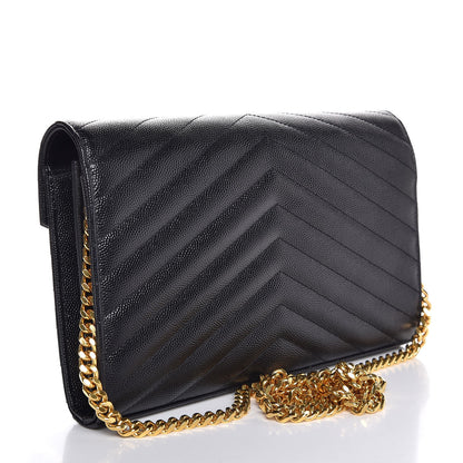 Saint Laurent Grain De Poudre Matelasse Chevron Monogram Chain Wallet Black 3 of 8