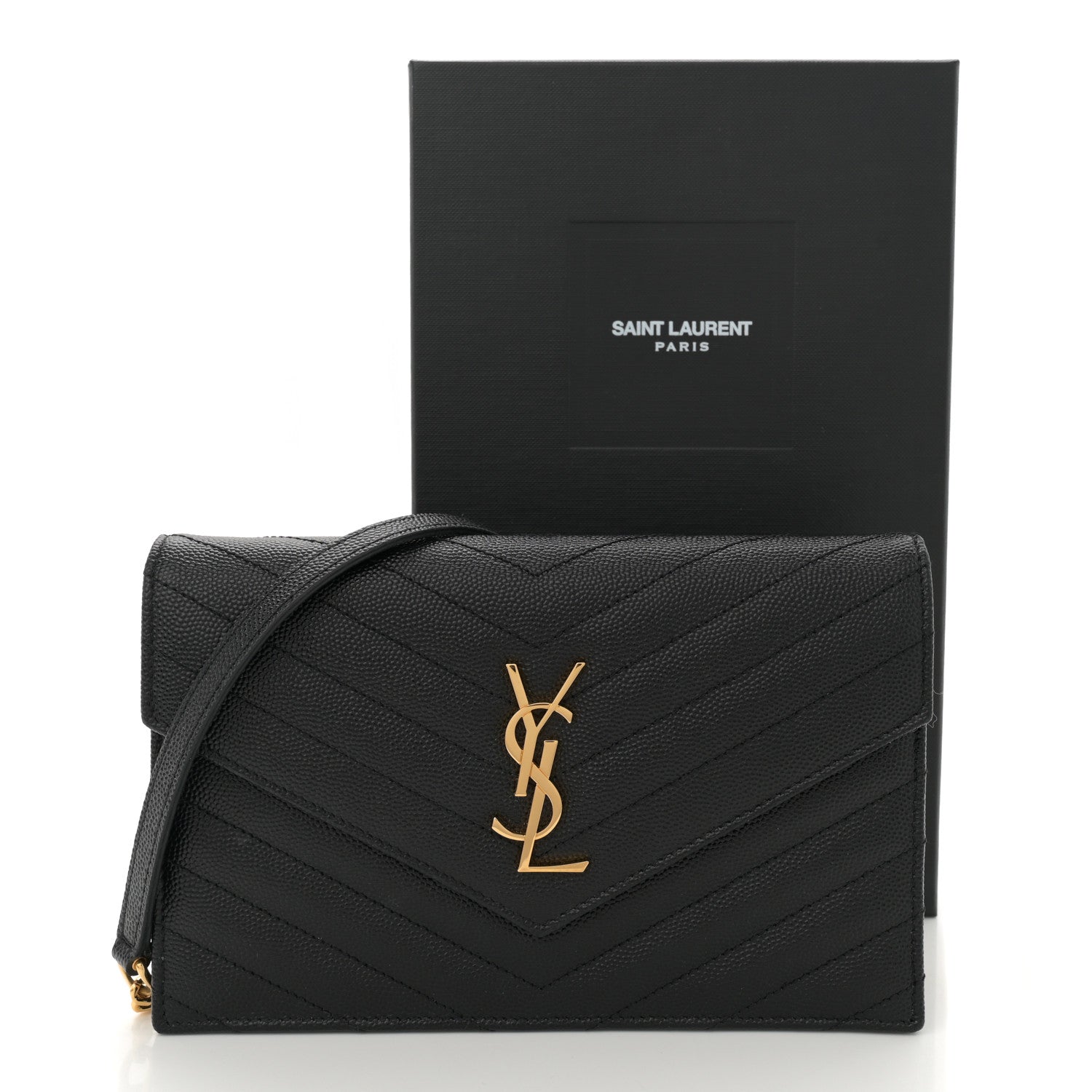 Saint Laurent Grain De Poudre Matelasse Chevron Monogram Envelope Chain Wallet Black 11 of 11