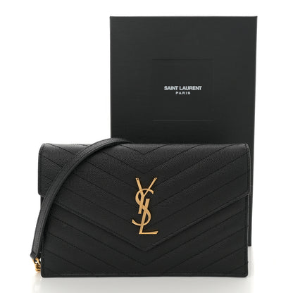 Saint Laurent Grain De Poudre Matelasse Chevron Monogram Envelope Chain Wallet Black 11 of 11