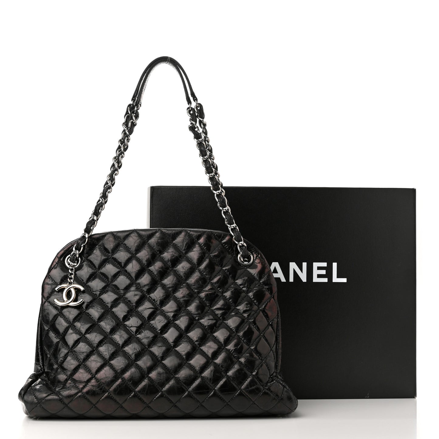 Glazed Calfskin Quilted Large Just Mademoiselle Bowling Bag Black