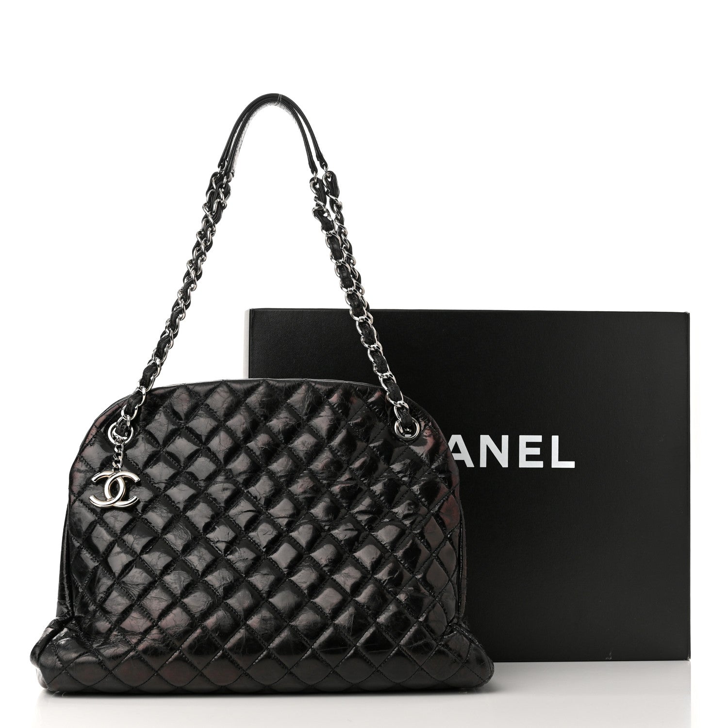 Chanel Glazed Calfskin Quilted Large Just Mademoiselle Bowling Bag Black 11 of 11