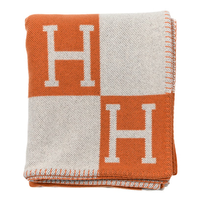Hermes Wool Cashmere Signature Classic Avalon Blanket Ecru Potiron 1 of 3