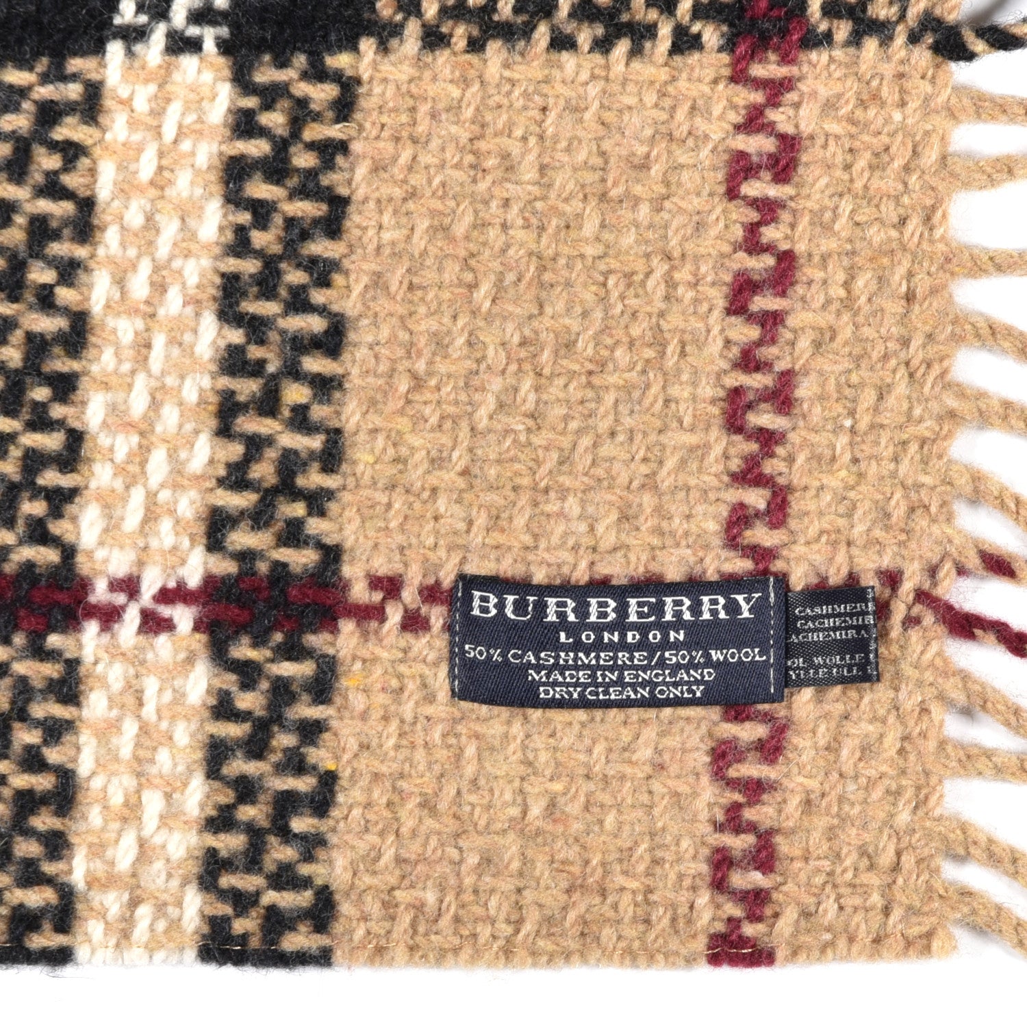 Burberry Wool Cashmere Vintage Check Happy Fringe Scarf Camel 3 of 3