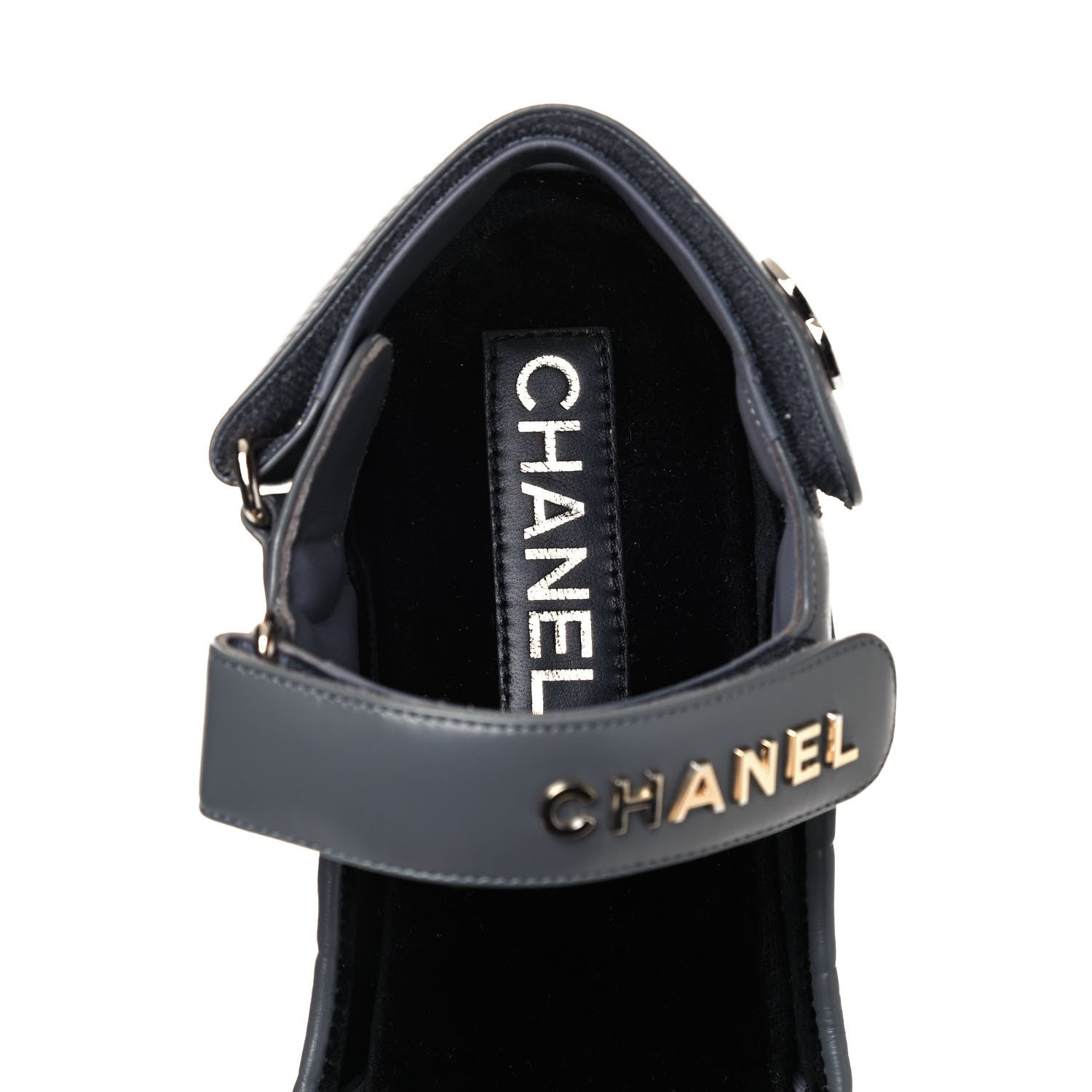 Chanel Shiny Calfskin Logo Platform Sandals 38 Grey 7 of 11
