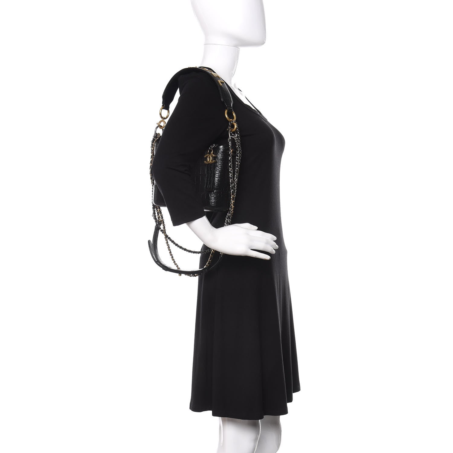 Chanel Calfskin Crocodile Embossed Small Gabrielle Cocodile Hobo Black 3 of 12