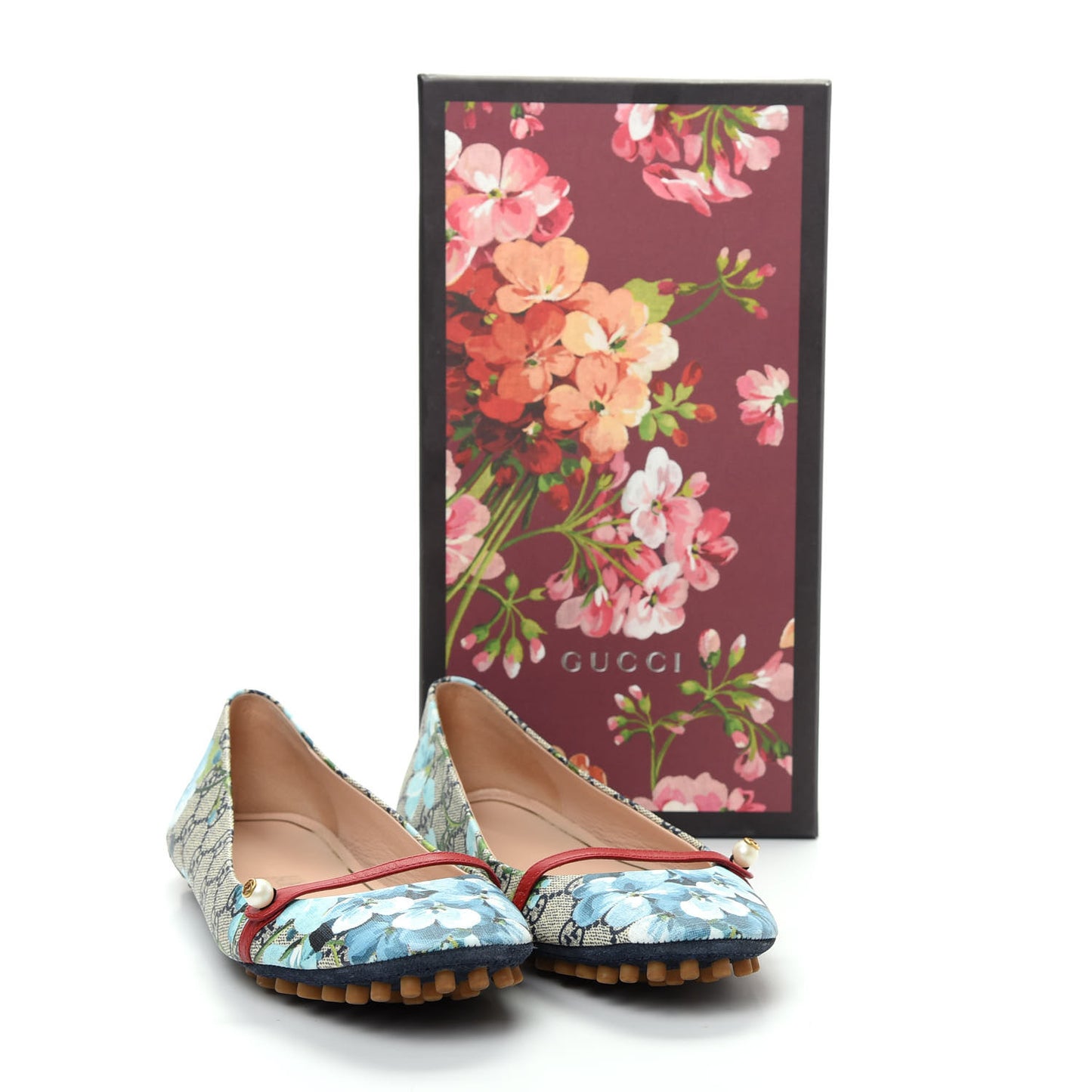 GG Supreme Monogram Blooms Ballet Flats 40 Beige Blue Navy Hibiscus Red