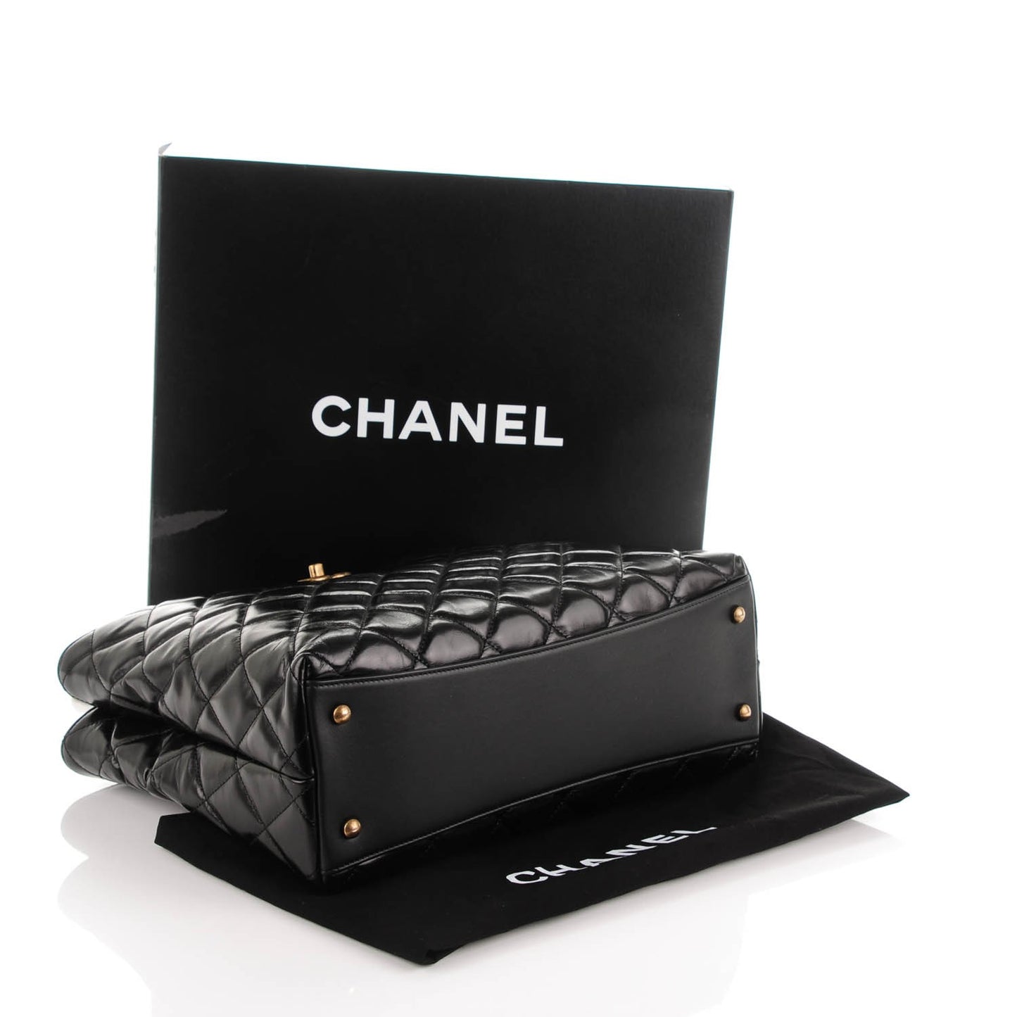 Calfskin Quilted Large Gold Bar Top Handle Tote Black