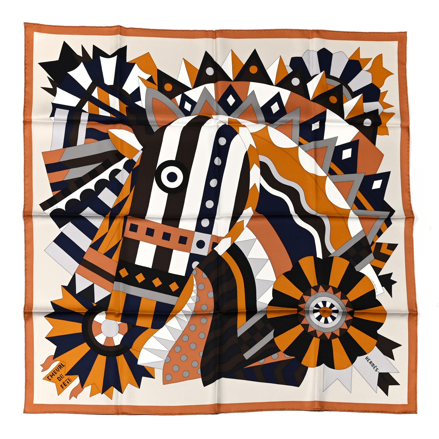 Hermes Cashmere Silk Cheval De Fete Shawl 140 Vapeur Brun Marine 1 of 5
