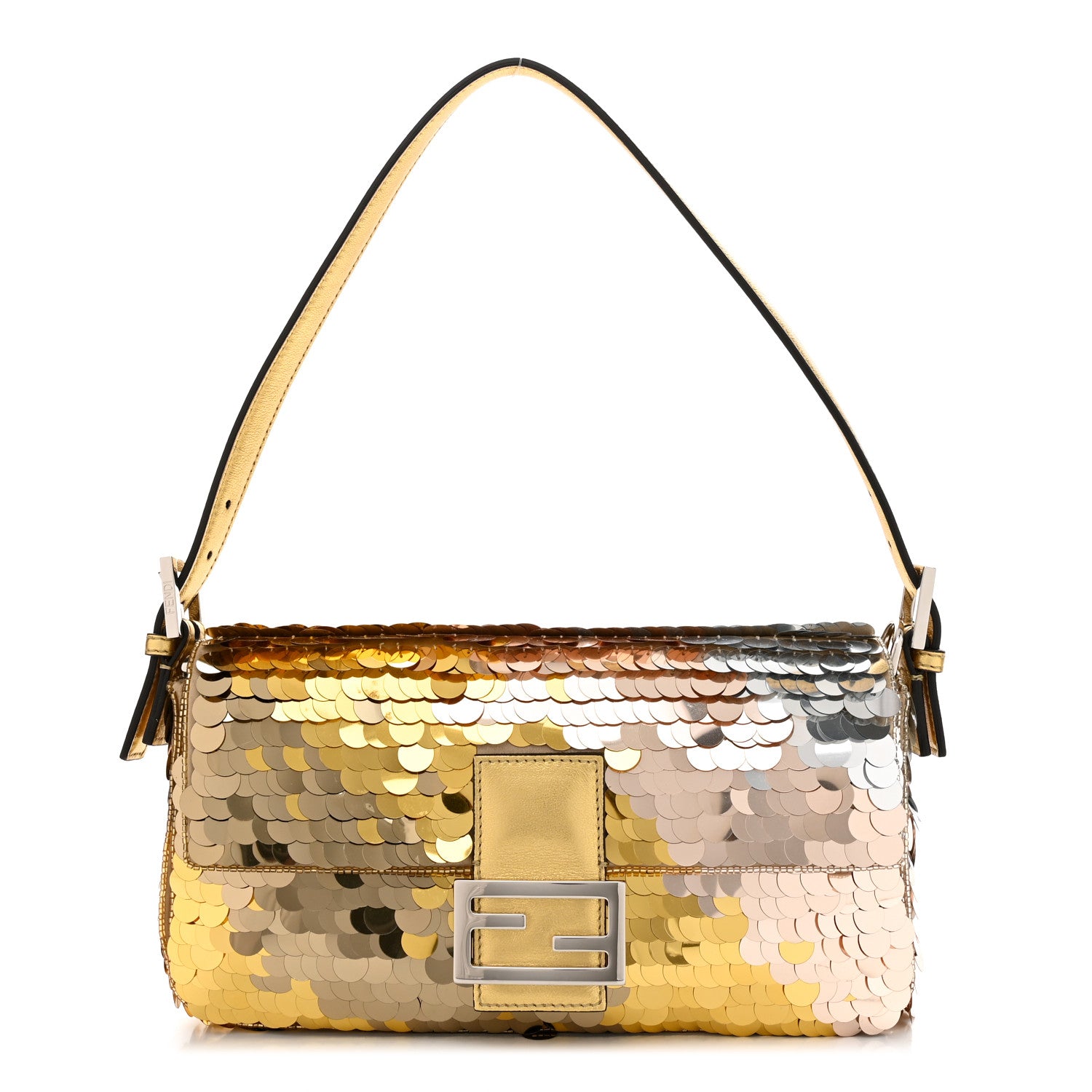 Fendi Sequin Paillettes Vitello Laminato Striped Baguette 1997 Oro Sfumato 1 of 11