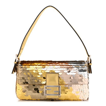 Fendi Sequin Paillettes Vitello Laminato Striped Baguette 1997 Oro Sfumato 1 of 11