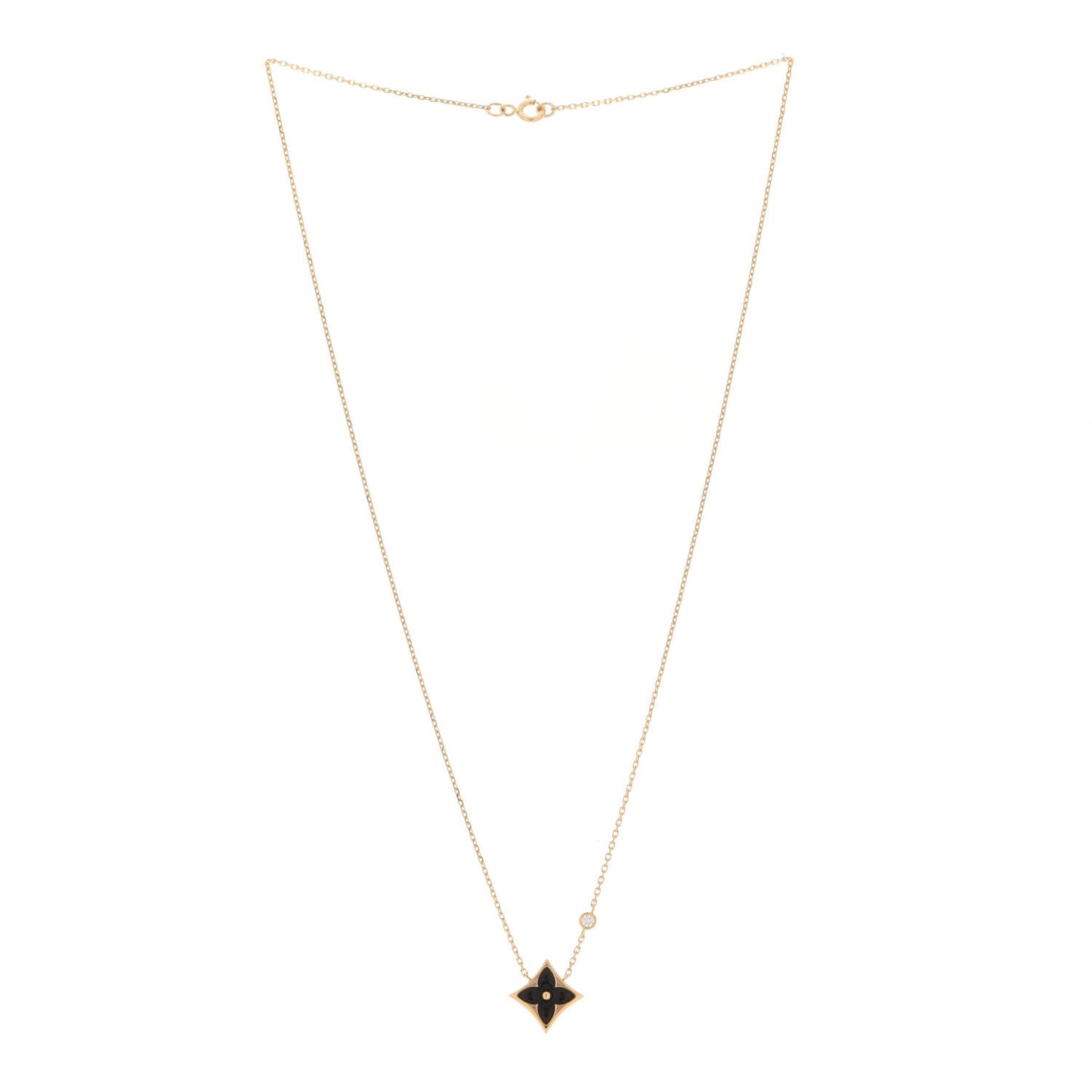 18K Yellow Gold Diamond Black Onyx Color Blossom BB Star Pendant Necklace