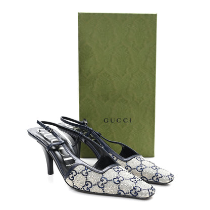 Gucci GG Monogram Malaga Kid Crystal Square G 75mm Slingback Pumps 38.5 Beige Blue 9 of 9