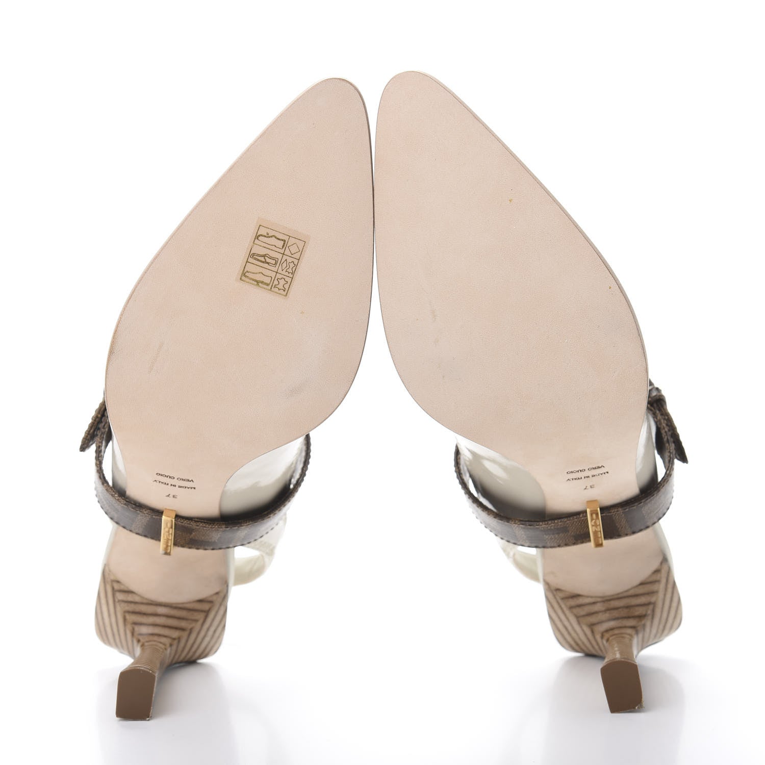 Fendi Glossy Neoprene Glazed Fabric FF FFrame Court Mary Jane Slingback Pumps 37 Pietra Tobacco Moro 6 of 9