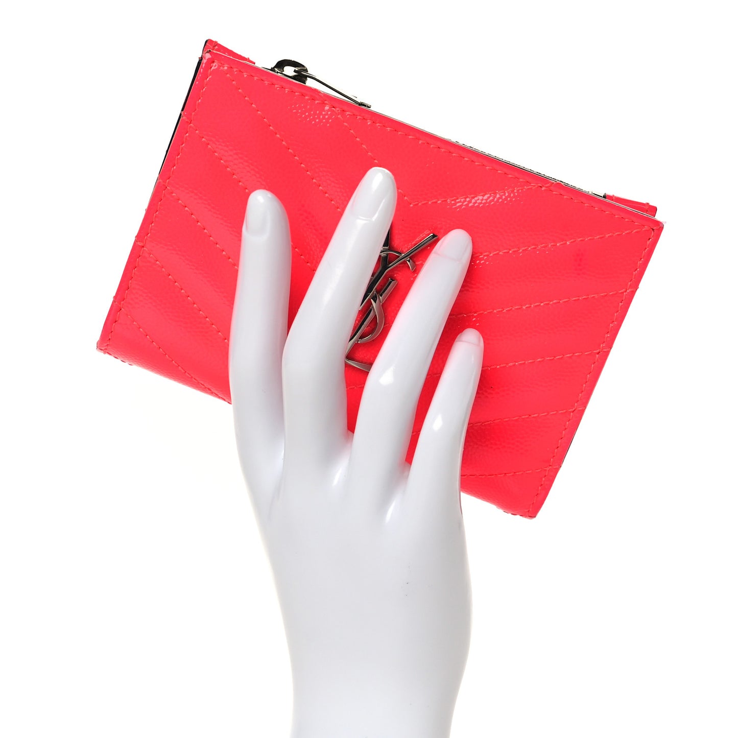 Patent Grain De Poudre Matelasse Chevron Monogram Zipped Two-Part Wallet Neon Pink