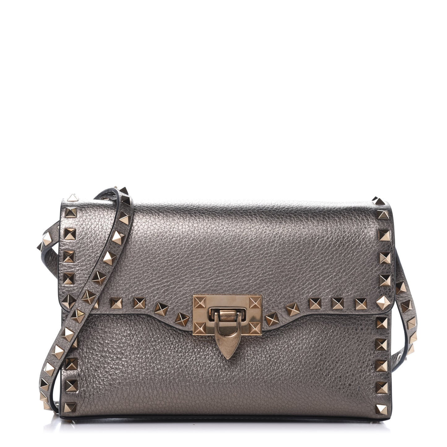 Metallic Pebbled Calfskin Medium Rockstud Flip Lock Crossbody Bag Sasso