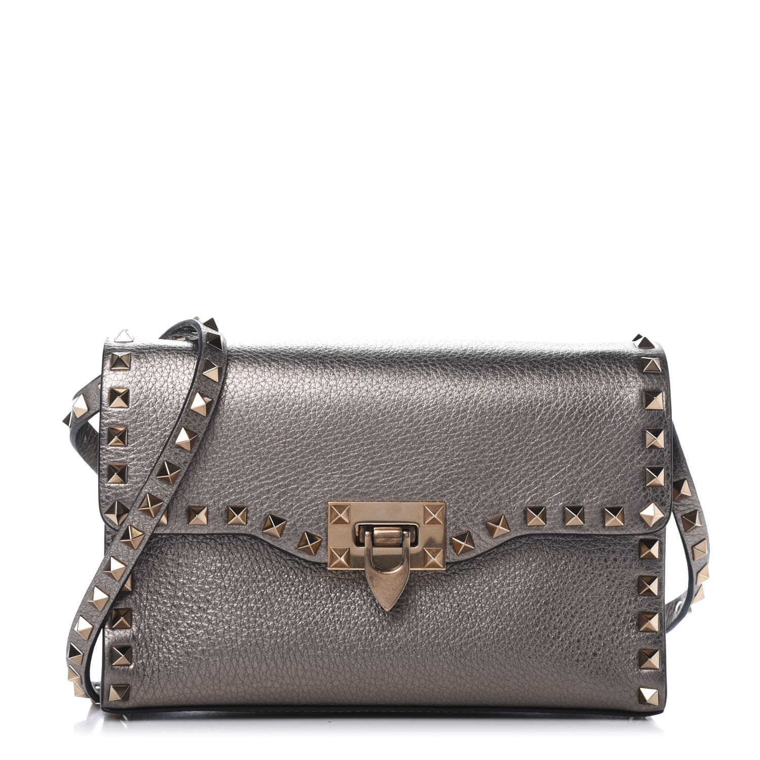 Valentino Garavani Metallic Pebbled Calfskin Medium Rockstud Flip Lock Crossbody Bag Sasso 1 of 9