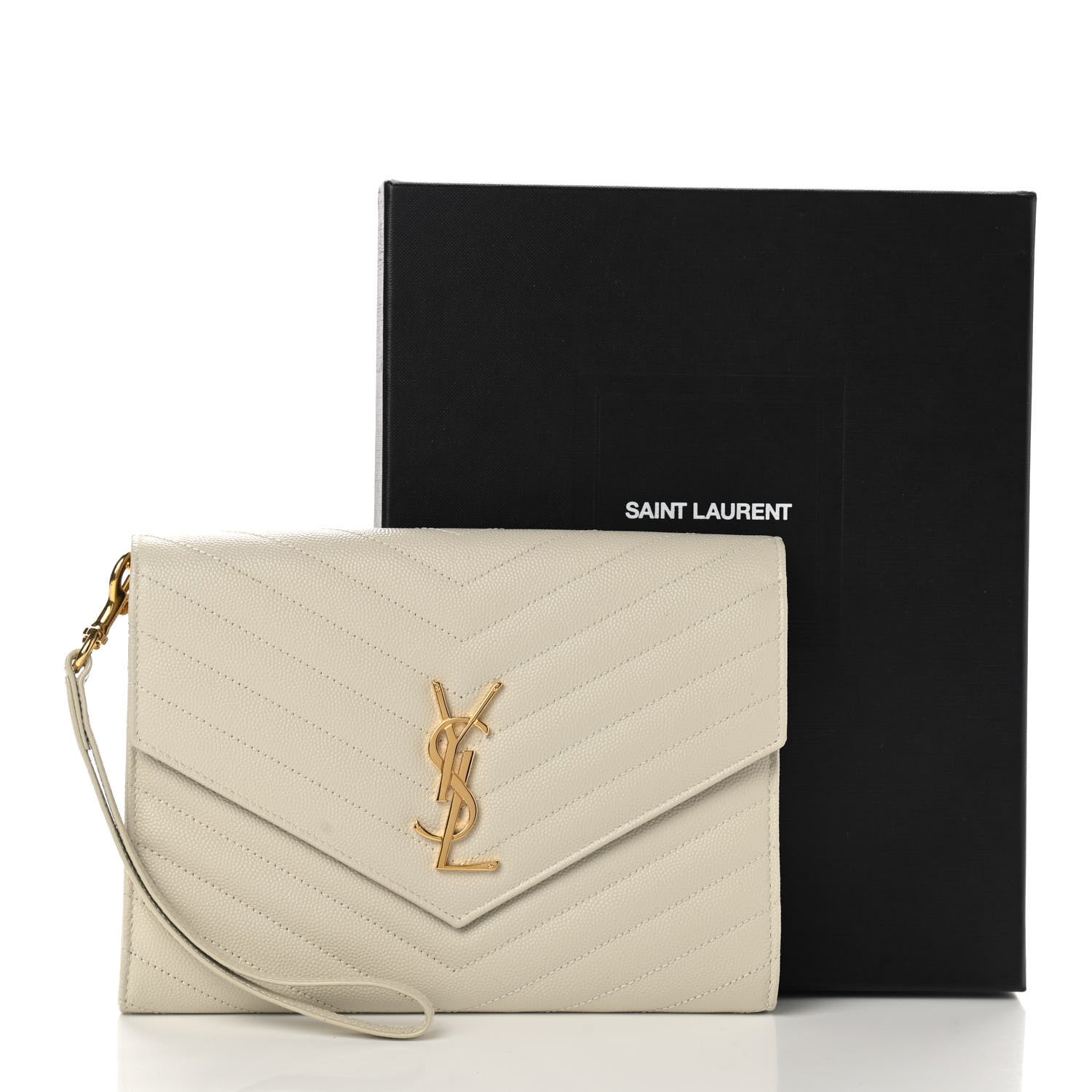Saint Laurent Grain De Poudre Matelasse Chevron Monogram Envelope Clutch Blanc Vintage 11 of 11