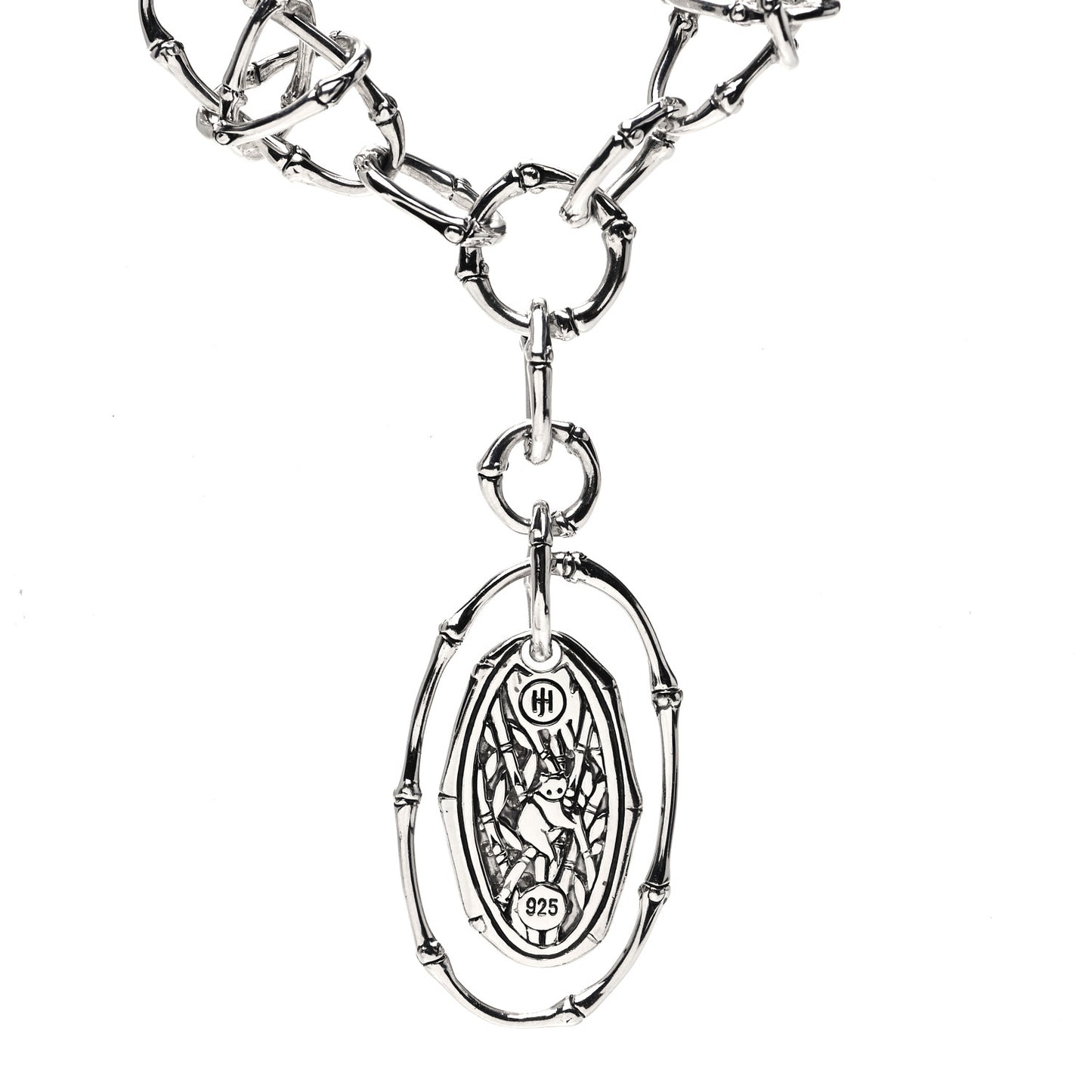 Sterling Silver Diamond Bamboo Oval Pendant Necklace