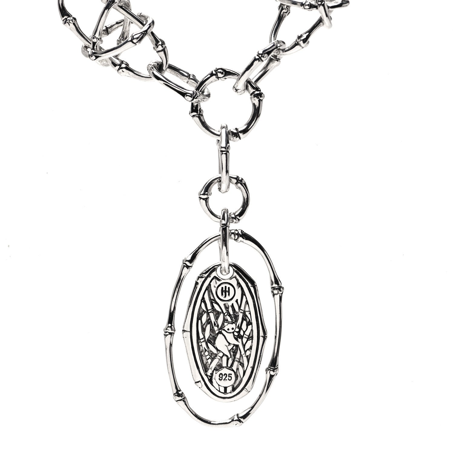 John Hardy Sterling Silver Diamond Bamboo Oval Pendant Necklace 6 of 6