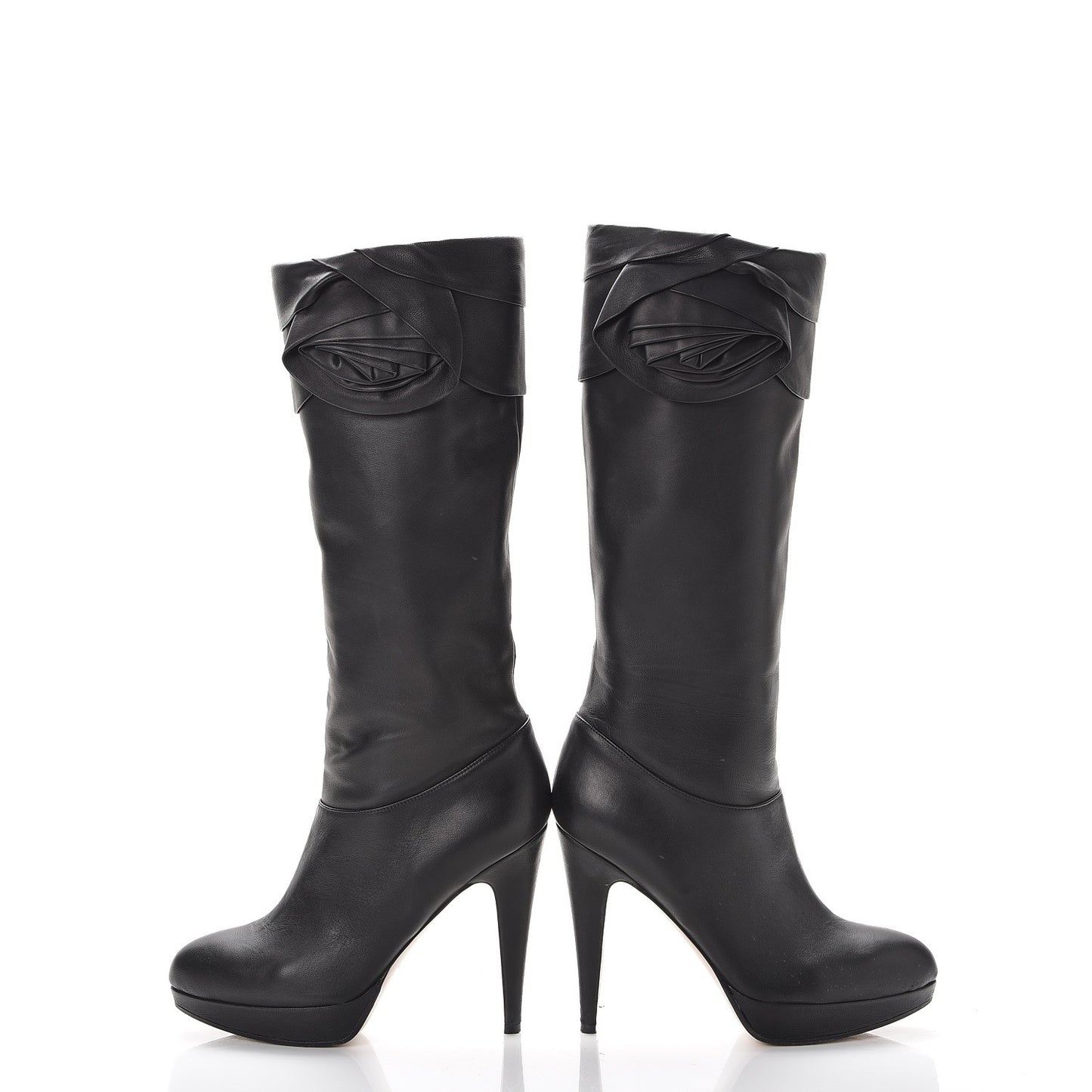 Lambskin Rose Rosette Tall Calf Boots 37.5 Black