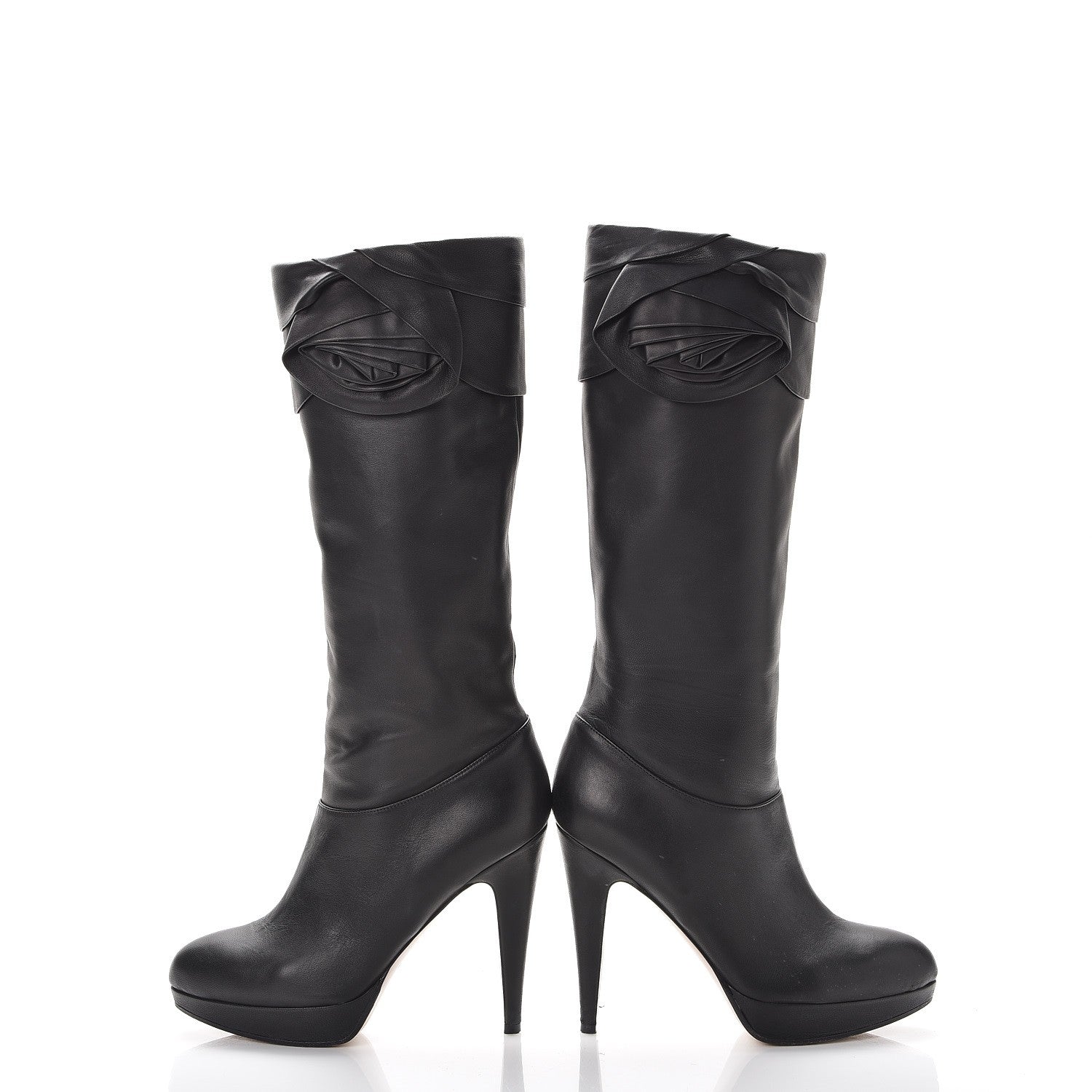 Valentino Garavani Lambskin Rose Rosette Tall Calf Boots 37.5 Black 5 of 12