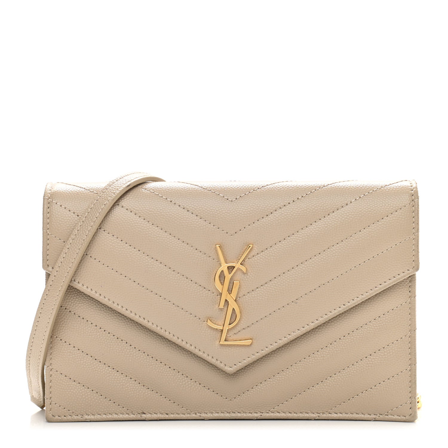 Saint Laurent Grain De Poudre Matelasse Chevron Monogram Envelope Chain Wallet Dark Beige 1 of 12
