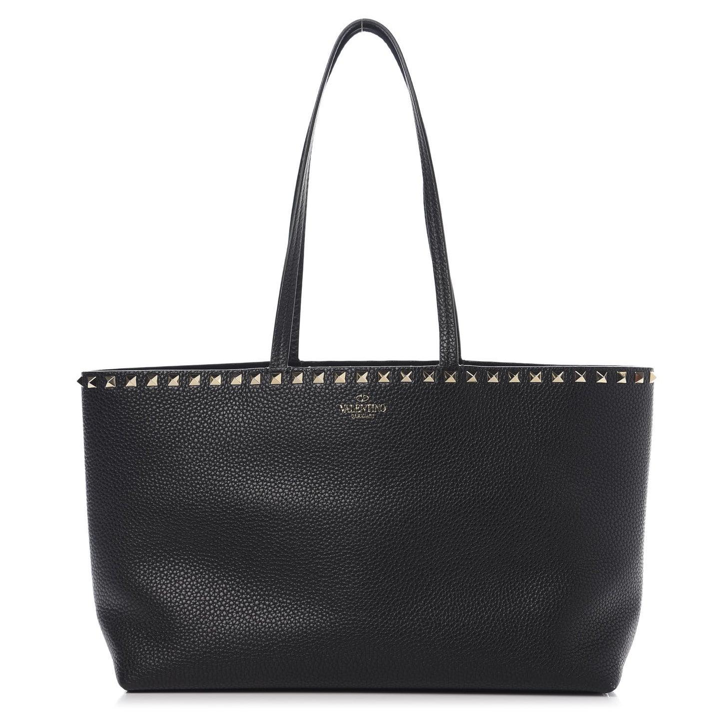 Grained Calfskin Small Rockstud Shoulder Tote Black